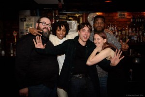 The 2016 Boston Poetry Slam Team, together for the first time: Zeke, Neiel, Bobby, Mckendy, and Simone. Photo by Marshall Goff.